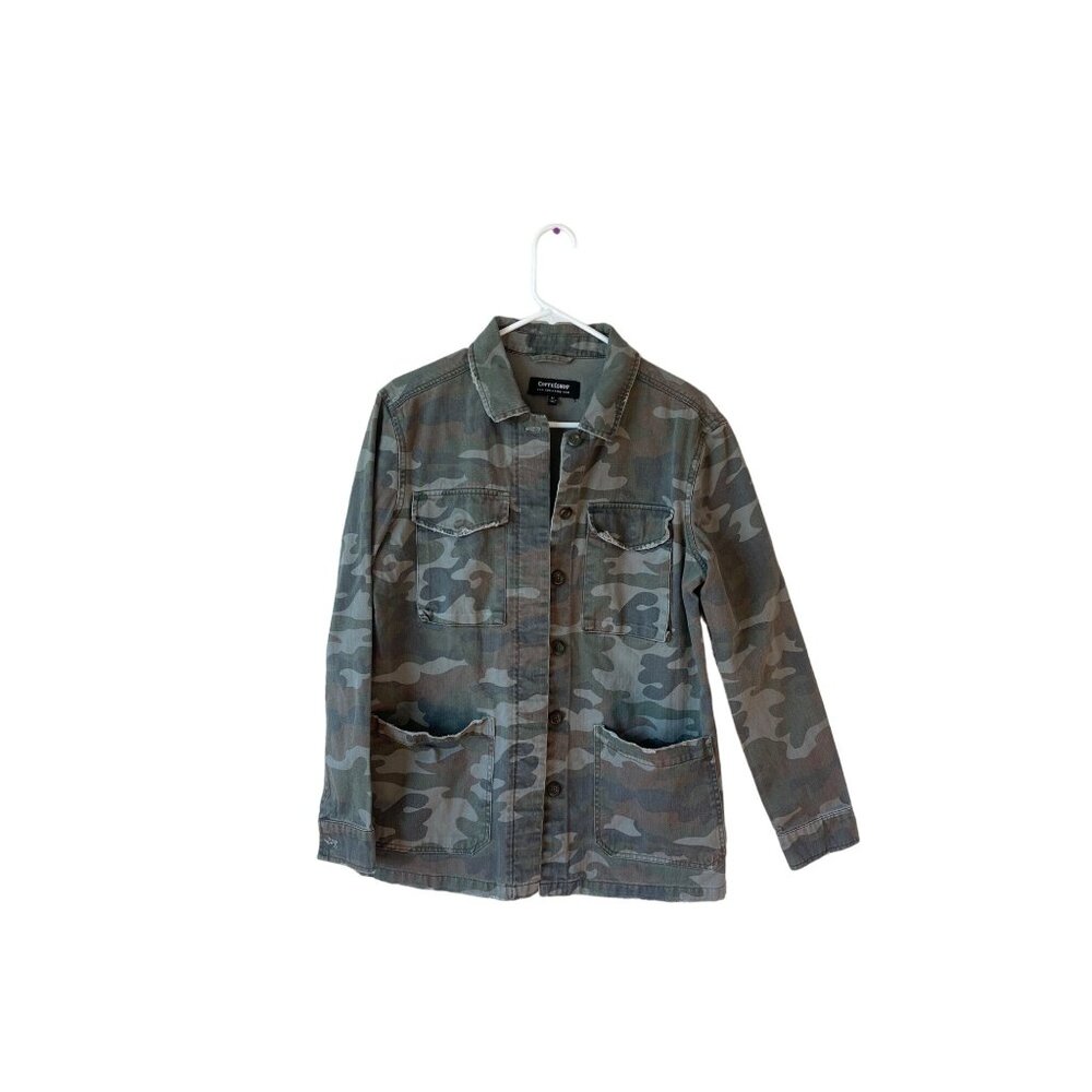 CoffeeShop Womens Camouflage Utility Jacket Green Brown Camo Size M Distressed